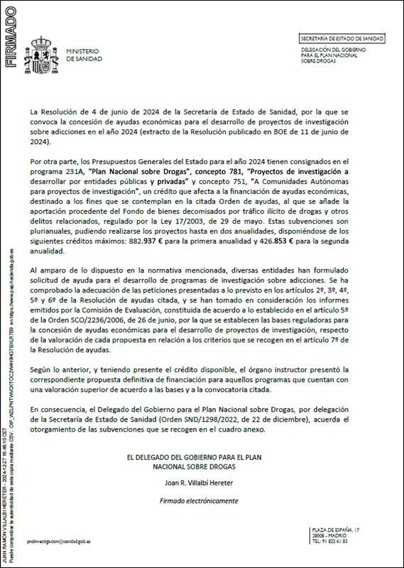 Imagen de la resolución de la convocatoria para el desarrollo de proyectos de investigación sobre adicciones 2024   